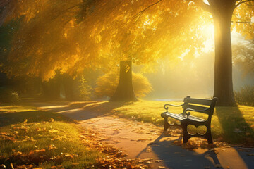 Wall Mural - solitary bench in autumn park with sunbeams falling through yellow trees creating soft golden mist