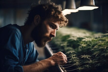 Male Worker In Greenhouse For Cultivation And Production Of Legal Medical Marijuana Cannabis. Generative AI
