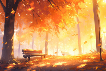 Wall Mural - Sunlit bench in autumn park with falling golden leaves. Digital illustration