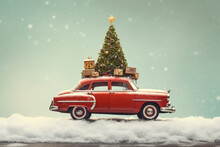 Retro Toy Car With A Christmas Tree On The Roof. Christmas Background. Holiday Card. Ai Generative