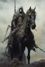 Concept: Mystical And Supernatural. Scytheman Rider On A Horse As A Symbol Of The Apocalypse And Death. AI Generated