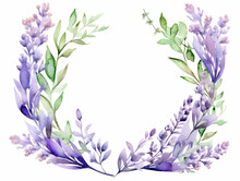 Watercolor Round Frame With Purple Lavender Flowers, Copy Space Inside, Ai Generated