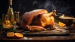 Roast goose stuffed with baked apples in a skillet on a dark wooden background, festive christmas. Generative AI