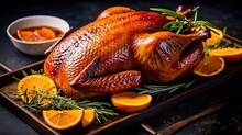 Roast Goose Stuffed With Baked Apples In A Skillet On A Dark Wooden Background, Festive Christmas. Generative AI