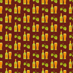 Wall Mural - Octoberfest pattern with green beer bottles, beer glasses and hop on brown background. Germany traditional texture prints. Oktoberfest seamless background. Vector illustration