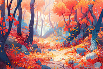 Wall Mural - Colorful autumn forest with winding narrow pat, illustration in storybook style