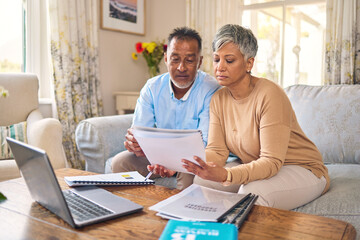 Poster - Laptop, documents and finance with a senior couple in the home living room for retirement or budget planning. Computer, accounting or investment savings with a mature man and woman in a house