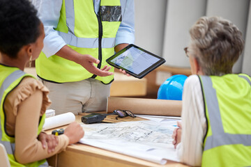Poster - Tablet, screen and engineering people with blueprint proposal, collaboration and project management software. Digital floor plan, technology presentation and manager or woman with architecture design