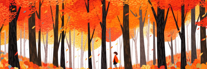 Wall Mural - A girl in colorful autumn forest with falling leaves. Banner background, illustration in storybook style