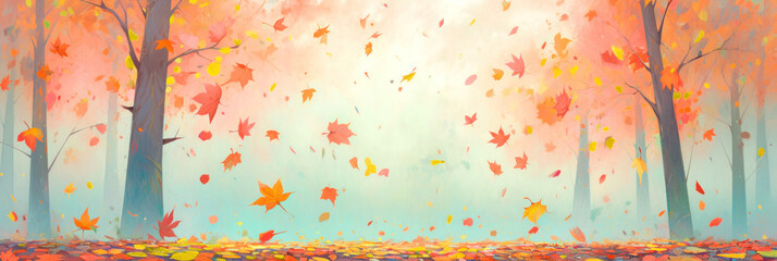 Wall Mural - colorful leaves falling from maple trees, autumn banner background with copy space. digital illustra