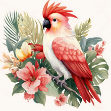Cockatoo On An Isolated White Background, Watercolor Illustration, Tropical Leaves.