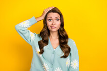 Photo Of Young Funny Clueless Nervous Lady Wear Turquoise Cardigan Hand Head Problems Hesitate Forgot Wallet Isolated On Yellow Color Background