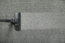 Vacuuming Grey Carpet. Clean Area After Using Device, Top View. Space For Text