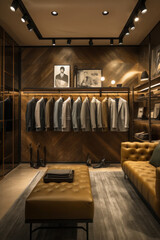 Wall Mural - men's clothing store. elite showroom. brown and beige showcase. shirts and jackets on hangers. generative ai, ai,