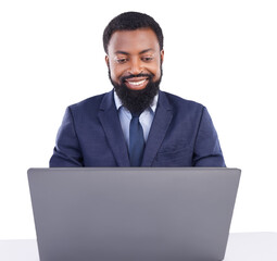 Black man, happy and working on laptop in studio for trading, market research or typing on transparent png background. Corporate, isolated employee and computer for online business, stocks or crypto