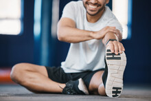 Foot, Exercise And Stretching With A Sports Man In The Gym Getting Ready For A Cardio Training Routine. Fitness, Health And Warm Up With A Male Athlete In Preparation Of A Workout For Wellness