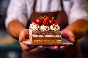 Wall Mural - Person holding piece of cake with whipped cream and strawberries on top. Generative AI.