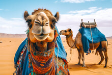 Camel With Blanket On Its Back And Camel In The Background. Generative AI.