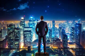 Wall Mural - Man in suit standing on ledge looking at city at night. Generative AI.