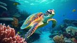 Fototapeta Do akwarium - Beautiful green turtle under the sea, Generative Ai