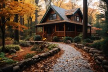 Cozy Autumn Cabin Nestled In Woods With Vibrant Fall 
 Generative AI