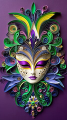 Wall Mural - A paper mask with colorful feathers on a purple background. Generative AI.