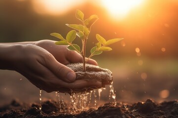 two hands holding water and watering young tree. earth day concept. generative ai