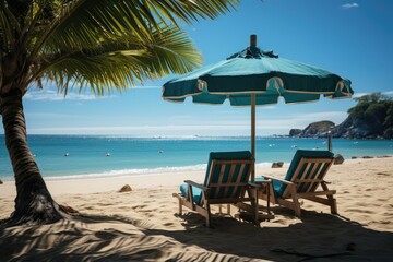 Wall Mural - Beach chairs and umbrella on a white sandy beach. Generative AI