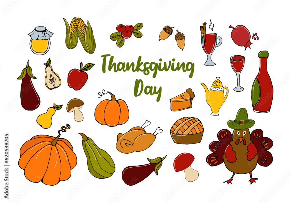 vector doodle illustration Set of icons for thanksgiving day. autumn ...