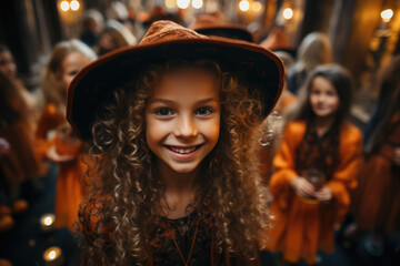 Wall Mural - Trick-or-Treat Delight. Smiling Little Girl in Halloween Costume Poses for a Photo