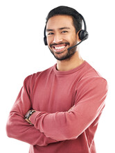 Call Center, Arms Crossed And Smile With Portrait Of Man On Png For Customer Service, Networking And Advice. Technical Support, Contact Us And Agent With Consultant Isolated On Transparent Background