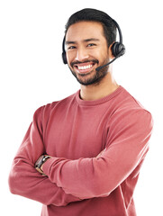 Aufkleber - Call center, arms crossed and smile with portrait of man on png for customer service, networking and advice. Technical support, contact us and agent with consultant isolated on transparent background