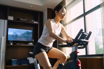 A pretty young Asian girl using riding a stationary exercise bike at home in her living room next to a window with bright daylight - Generative AI