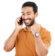 Phone call, winner celebration and man with news on isolated, png and transparent background. Success, excited and male person on smartphone with announcement for achievement, bonus and winning