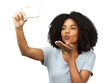 Blowing kiss, selfie and a black woman with hand gesture isolated on a transparent, png background. Face of a happy young female model with a profile picture for social media with a pout emoji