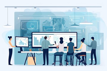 Tech startup with a team of young professionals gathered around a whiteboard. Cartoon style.