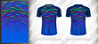 Vector sport pattern design template for V-neck T-shirt front and back with short sleeve view mockup. Blue-pink-yellow-green color abstract serrated line texture background illustration.