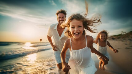 Happy father with kids running in a beach