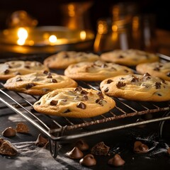 Cookies with chocolate chips on top of it. A rack of chocolate chip cookies on a table with chocolate chips on the rack and a few more cookies on the rack behind it. Generative AI.