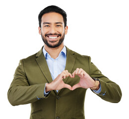 Wall Mural - Portrait, heart shape and young businessman with a valentines day hand gesture or emoji. Hands, happy and professional male person with a love sign or symbol isolated by a transparent png background.