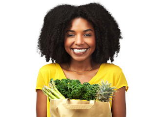 Poster - Portrait, nutrition and black girl with supermarket or smile in png or isolated in transparent background. Vegetables, excited and face with grocery shopping for healthy eating or happiness for sale.