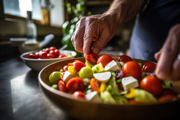 Wall Mural - Mediterranean Salad Masterpiece: Low-Angle Photo Showcases a Greek Chef Expertly Dicing Fresh Ingredients with Tomatoes, Cheese, and Olive Oil



