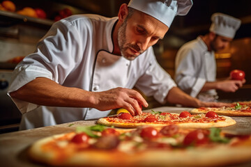 Sticker - Taste of Italy. A pizzaiolo Chef from Napoles Showcasing a Delicious Piping Hot Pizza. Copy Space. Italian Gastronomy AI Generative	