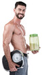 Man in portrait with protein shake, scale and fitness, body and weight loss for muscle on png transparent background. Diet, gym and training, male athlete and powder for sport, exercise and nutrition