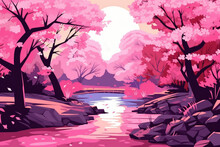 Avenue With Colorful Pink Blossom Trees Illustration Generative AI