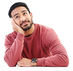 Leinwandbilder - Thinking, wondering and man bored and relax looking up isolated in a transparent or png background. Sad, tired and male person feeling calm and dreaming with thoughts of regret problem and unhappy