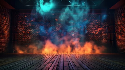 Aufkleber - Dark empty room with brick walls and neon lights. Generative Ai