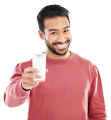 Poster - Portrait of asian man, glass and milk for drinking isolated on transparent png background. Happy guy, dairy and liquid calcium in healthy smoothie, vanilla milkshake and nutrition of diet for protein