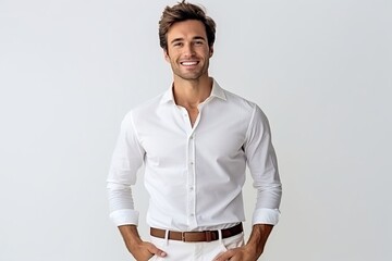 Portrait of handsome young man in white shirt looking at camera and smiling while standing against grey background