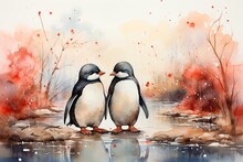 Romantic Card With A Pair Of Penguins For Valentine's Day. Delicate Watercolor For Wedding Invitation. 